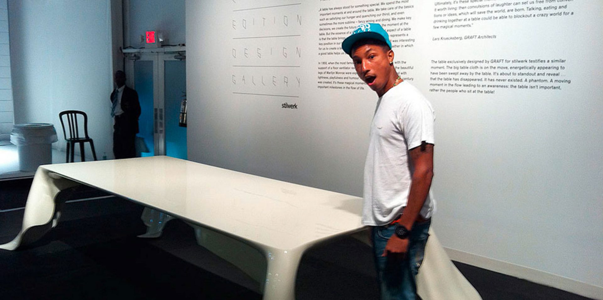 We conceived the Stilwerk design gallery with a mission of letting the entire Stilwerk team feel the cumulated energy of artists & to build identification with the design products being sold at Stilwerk. Photo: Pharrell Williams celebrates the Phantom Table by GRAFT for Stilwerk at the fair Design Miami.